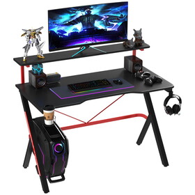 HOMCOM 47 inch Gaming Desk Racing Computer Desk Home Office Workstation with Elevated Monitor Shelf Rotatable Cup Holder Headphone Hook, Black