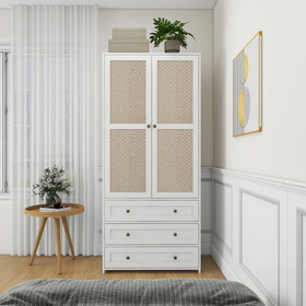 2-Door Wardrobe with 3 Drawers High Wardrobe Armoire with 2 Rattan Door for Living Room, Bedroom Organizer W2232P162480