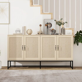 Rattan 4-Door Sideboard, Sideboard Buffet Storage Cabinet,Accent Storage Cabinet, Large Cabinet with 4 Rattan Decorated Doors for Living Room Dining Room W2232P163134