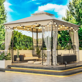 10X10FT Softtop Metal Gazebo with Mosquito Net&Sunshade Curtains,Sturdy Heavy Duty Double Roof Canopy,Galvanized Steel Design Outdoor Tent,Suitable for Gardens,Patio,Backyard W2259S00031