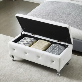 Upholstered Storage Ottoman Bench for Bedroom End of Bed Faux Leather Rectangular Storage Benches Footrest with Crystal Buttons for Living Room Entryway (White) W2268P146682