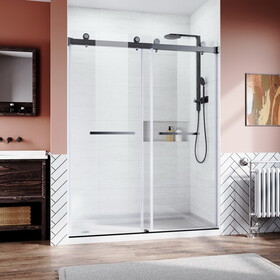 Frameless Sliding Shower Glass Door 56-60 in.W x 76 in. H,3/8"(10mm) Thick Clear Tempered Glass,Heavy Duty Stainless Steel Hardwares,Matte Black,Bypass Shower Enclosure W2269P144308