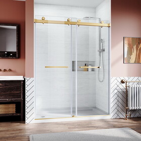 Frameless Sliding Shower Glass Door 56-60 in.W x 76 in. H,3/8"(10mm) Thick Clear Tempered Glass,Heavy Duty Stainless Steel Hardwares,Brushed Gold W2269P144310