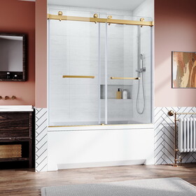 Frameless Sliding Bathtub Door 56-60 in.W x 62 in.H, Bypass Tub Glass Sliding Shower Doors, 3/8"(10mm) Thick Clear Tempered Glass, 2pcs Rectangle Handles, Brushed Gold