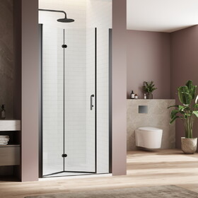 Bifold swing double glass panel shower door 30 in.W x 72 in.H,adjustable frameless shower door with 1/4 inch clear tempered glass,matte black hardwares W2269P249433