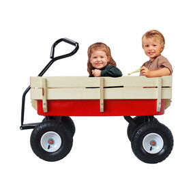 Outdoor Wagon All Terrain Pulling Wood Railing Air Tires Children Kid Garden (RedRed+white)