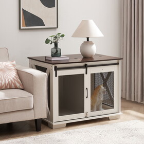 Farmhouse Dog Cage Crate Furniture with Sliding Barn Door, Farmhouse Wooden Dog Kennel End Table with Flip-top Plate Dog House with Detachable Divider for Small/Medium/Large Dog White W2275P164726