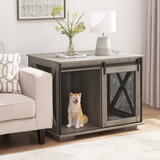 Farmhouse Dog Cage Crate Furniture with Sliding Barn Door, Farmhouse Wooden Dog Kennel End Table with Flip-top Plate Dog House with Detachable Divider for Small/Medium/Large Dog Gray W2275P164727