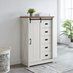 5 Drawers Dresser w/Sliding Barn Door, Farmhouse Modern Tall Dresser 5 Chest of Drawers, Storage Organizer Dresser for Bedroom, Hallway, Living Room, Kids Room WHITE W2275P206613
