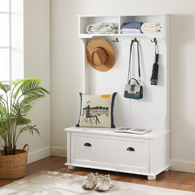 Modern Classic Hall Tree with Shoe Rack Bench and Coat Hooks for Hanging Storage, Entryway Bench with Open Shelves and Shoe Cabinets 40.16"W*18.58"D*64.17"H white W2275P210038