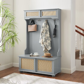 Clothes hanger Hall Tree Storage Bench Shoe Rack for Entryway, Hall Tree with Bench and Shoe Storage, Hall Tree Entryway Bench with Rattan Door Gray, 40.16"W*18.58"D*64.17"H W2275P210041