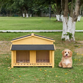 Dog House, Waterproof Dog Cage Kennel, Wooden Outdoor and Indoor Dog House, Log Cabin Style with Porch,Elevated Floor, 2 Doors, Pine Wood Natural W2275S00004