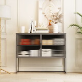Retro Style Fluted Glass Sideboard Storage Cabinet Simple Modern Console Table Detachable Wide Shelves Enclosed Dust-Free Storage Bottom Space for Living Room Bathroom Dining Room, Gray W2279P151615