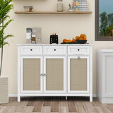 Tilt Out Trash Cabinet, Rattan Kitchen Trash Can Cabinet with 3 Drawers and 2 Doors, Wooden Freestanding Storage Cabinet with Adjustable Shelf for Kitchen, Living Room (White)