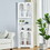 White Tall Corner Cabinet with Glass Doors & Led, 70.86" Tall Bathroom Storage Cabinet with 4 Doors and 6 Shelves, Linen Tower Corner Storage Cabinet for Pantry,Kitchen,Hutch