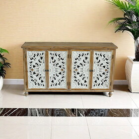 Accent Cabinet with 4 Doors, Farmhouse Sideboard Buffet Cabinet with Storage, Modern Credenza Storage Cabinet with Wood Carved Floral Doors for Living Room, Dining Room, Entryway, Hallway, Kitchen
