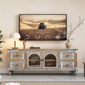 60" Farmhouse TV Stand with 4 Drawers & 2 Glass Doors, Rustic Wood Media Console, Distressed Entertainment Center for TV, Natural Antique White