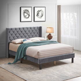 Velvet Button Tufted-Upholstered Bed with Wings Design - Strong Wood Slat Support - Easy assembly - Gray, Queen, platform bed W2297140906