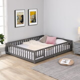 Twin Size Floor Bed with Door,Solid Wood Platform Bed Frame with Fence,Suitable for children,Pine Wood,Gray W2297P201511