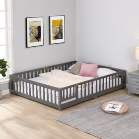 full Size Floor Bed with Door,Solid Wood Platform Bed Frame with Fence,Suitable for children,Pine Wood,Gray W2297P202882