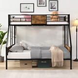 Twin over FULL Metal Bunk Bed with 2 - Side Ladder and Full-Length Guardrail, No Box Spring Needed, Large Under Bed Storage, Easy assemble, Black & Brown W2297P217826