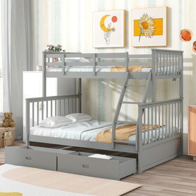 Twin over Full Bunk Bed with Storage Drawers, Wooden Bunk Bed with Ladder and Safety Guard Rails -Gray W2297S00007