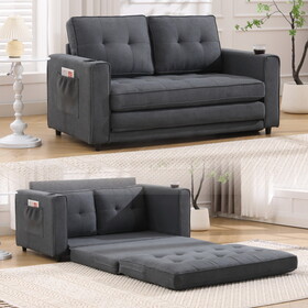 {VIDEO Provided}3-in-1 Upholstered Futon Sofa Convertible Sofa bed,Foldable Tufted Loveseat with Pull Out Sleeper Couch Bed,Folding Mattres Love Seat Daybed w/Side Pockets and Cup Holder, Dark Gray