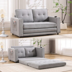 {VIDEO Provided}3-in-1 Upholstered Futon Sofa Convertible Sofa bed,Foldable Tufted Loveseat with Pull Out Sleeper Couch Bed,Folding Mattres Love Seat Daybed w/Side Pockets and Cup Holder, Light Gray