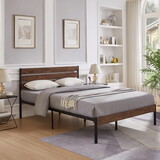 Queen Size Bed Frame with Wood Headboard, Metal Frame with Strong Slats, Noise Free,No Box Spring Needed-Brown