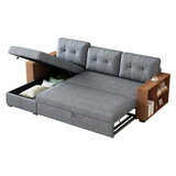 Upholstered Pull Out Sectional Sofa with Storage Chaise, Convertible Corner Couch, Light Grey-Wooden handrail P-W2336S00001