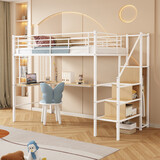 Twin Loft Bed with Desk and Storage Wardrobe, Heavy Duty Loft Bed with Stairs and Metal Grid, Twin Size Loft Bed, No Box Spring Needed, White Loft Bed Twin Size-White W2336S00025