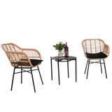 3 Pieces of Luxury Outdoor Wicker Furniture - Patio Bistro Style Table and Chair Combination,Weather-resistant PE Wicker Weave, Stainless Steel Fame, Suitable for Garden, Terrace,Backyard Casua