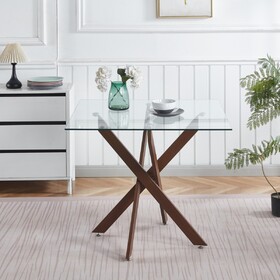 Dining Table with cross metal leg and tempered glass,Modern Space Saving Kitchen Table for Living Room,walnut color legsSquare table,90x90x75cm