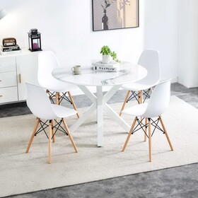 1+4,5pieces dining set,42.1"WHITE Table cross leg Mid-century Dining Table for 4-6 people with Round MDF Table Top, Pedestal Dining Table, End Table Leisure Coffee Table W234S00057