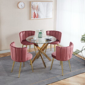 1+4,5pieces dining set, Table metal leg Mid-century Dining Table for 4-6 people with Glass Table Top, Pedestal Dining Table, End Table Leisure Coffee Table W234S00094