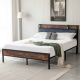 Black Queen Metal Bed Frame with Upholstered Headboard and Footboard and Iron Slats, Rustic Bed Base, Heavy Duty Platform Bed Frame,12 inch Underbed Storage/No Springs Required W2367P152446