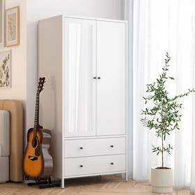 Metal Armoire Wardrobe Closet with 2 Drawers, Mirror Door and Hanging Rod, Metal Clothing Storage Cabinet, Garment Organizer with Magnetic Door - White W2378P176280