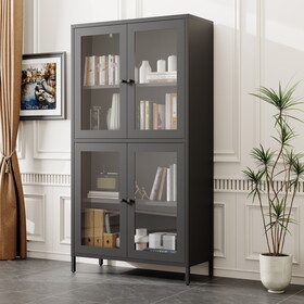 Classic Metal Storage Cabinet Display Cabinet with 4 Glass Doors 4 Shelves Cabinet Bookcase Side Cabinet for Home Office Living Room Kitchen Hallway - Black, Flat Tempered Glass W2378P176372