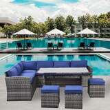 Outdoor Patio Furniture Set,7 Pieces Outdoor Sectional Conversation Sofa with Dining Table,Corner Chairs, Ottomans,All Weather PE Rattan and Steel Frame,with Backrest and Removable Cushions(Grey+Blue)