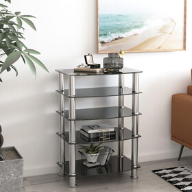 5-Tier Tempered Glass Side Table Stainless Steel Frame End Table for Living Room, Bedroom, Black W24104952