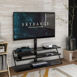 Universal Swivel Entertainment Center Black Tempered Glass Height Adjustable Universal Swivel Glass Floor Media Storage Stand with Mount Metal Tube with Heat transfer print TV Stand W24105865