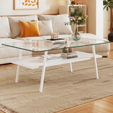 Rectangle Coffee Table, Tempered Glass Tabletop with White Metal Legs, Modern Table for Living Room, Transparent Glass W241126031