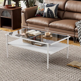 Rectangle Coffee Table with Gray Tempered Glass top and White Legs, Modern Table for Living Room P-W241139565