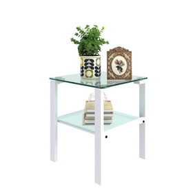 Glass two layer tea table, small round table, bedroom corner table, living room white side table(White) W24160428