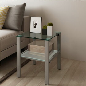 Glass two layer tea table, small round table, bedroom corner table, living room grey side table W24160430