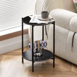 2-Layer End Table with Whole Marble Tabletop, Round Coffee Table with Black Metal Frame for Bedroom Living Room Office (Black, 1 Piece)