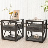 Set of 2 Modern End Table with Drawer - Nightstand for Bedroom & Living Room, Rustic Wood Grain MDF & Tempered Glass Top, Industrial Style Side Table