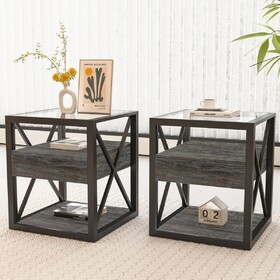 Set of 2 Modern End Table with Drawer - Nightstand for Bedroom & Living Room, Rustic Wood Grain MDF & Tempered Glass Top, Industrial Style Side Table