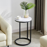 C-Shaped End/Side Table, Black Metal Frame with Round Marble Color Top-15.75