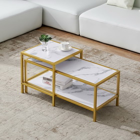 Nesting Coffee Table Square & Rectangle, Golden Metal Frame with Wood Marble Color Top W24736256